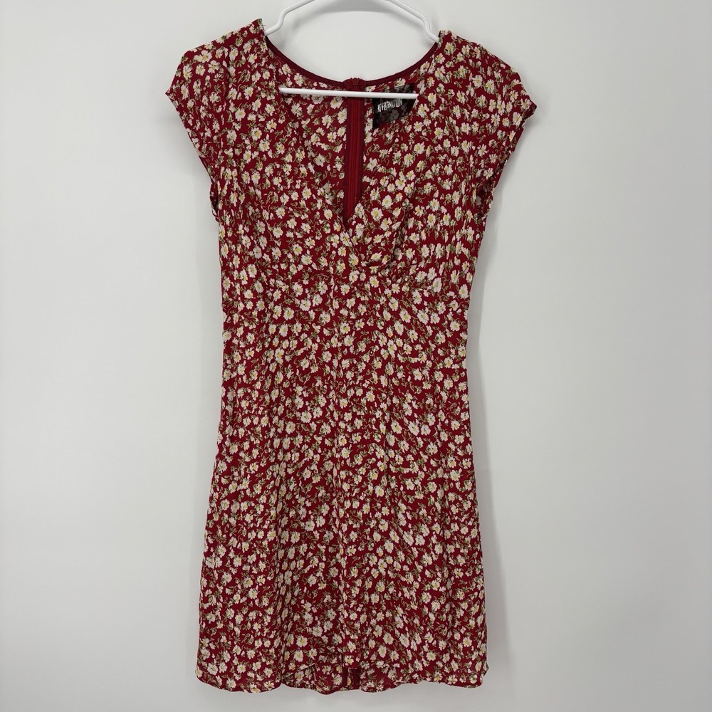 Reformation Floral Print Mini Dress Women's Size 4 100% Viscose Red White V Neck